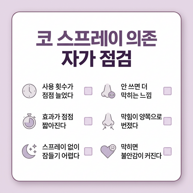 코 스프레이 의존 자가 점검 6문항 - 반동성 코막힘 의심 신호 체크리스트